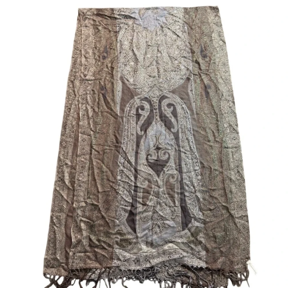 Collection Eighteen Paisley Pashmina Scarf Metallic Gold Brown Fringe Wrap Shawl